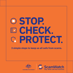 Fighting scams social post, Stop. Check. Protect.